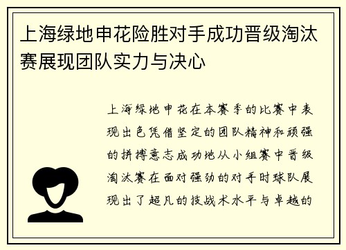 上海绿地申花险胜对手成功晋级淘汰赛展现团队实力与决心