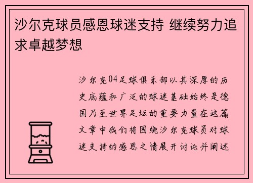 沙尔克球员感恩球迷支持 继续努力追求卓越梦想