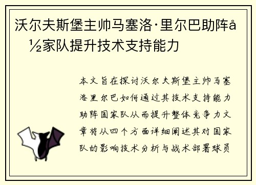 沃尔夫斯堡主帅马塞洛·里尔巴助阵国家队提升技术支持能力