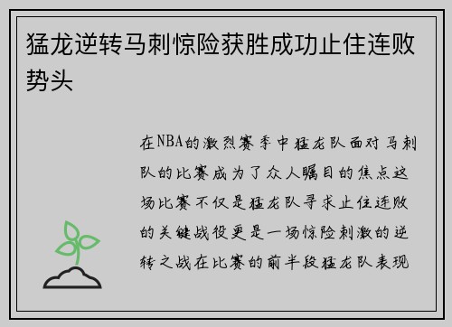 猛龙逆转马刺惊险获胜成功止住连败势头