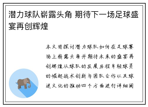 潜力球队崭露头角 期待下一场足球盛宴再创辉煌