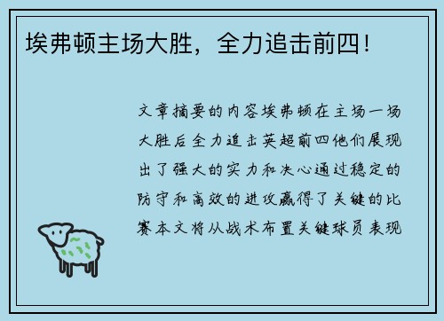 埃弗顿主场大胜，全力追击前四！