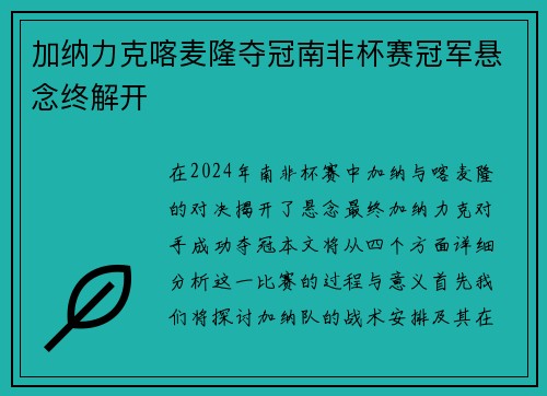加纳力克喀麦隆夺冠南非杯赛冠军悬念终解开