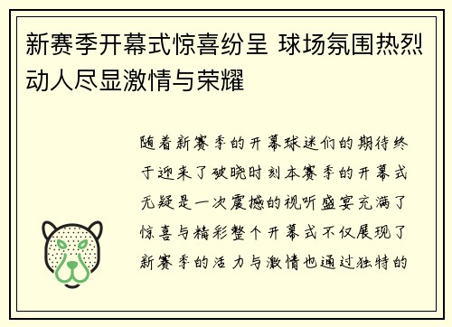 新赛季开幕式惊喜纷呈 球场氛围热烈动人尽显激情与荣耀