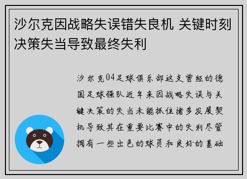 沙尔克因战略失误错失良机 关键时刻决策失当导致最终失利