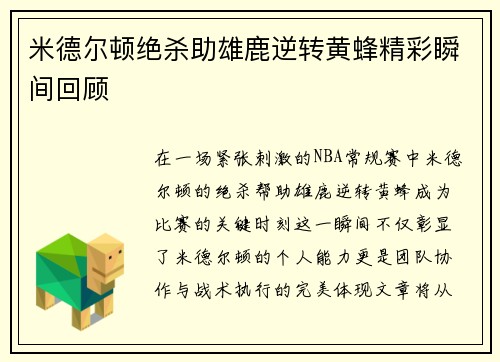 米德尔顿绝杀助雄鹿逆转黄蜂精彩瞬间回顾