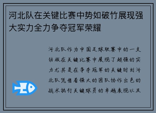 河北队在关键比赛中势如破竹展现强大实力全力争夺冠军荣耀