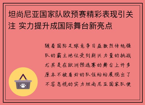 坦尚尼亚国家队欧预赛精彩表现引关注 实力提升成国际舞台新亮点