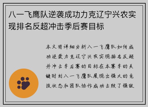 八一飞鹰队逆袭成功力克辽宁兴农实现排名反超冲击季后赛目标