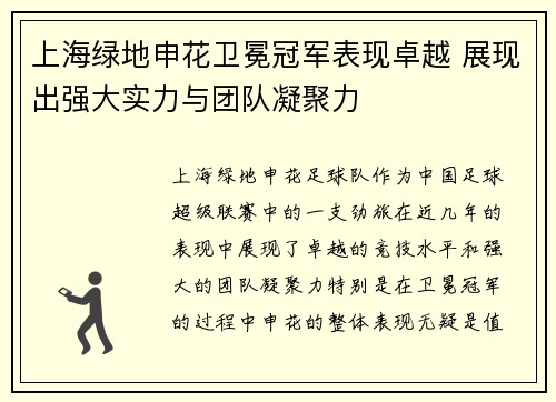 上海绿地申花卫冕冠军表现卓越 展现出强大实力与团队凝聚力