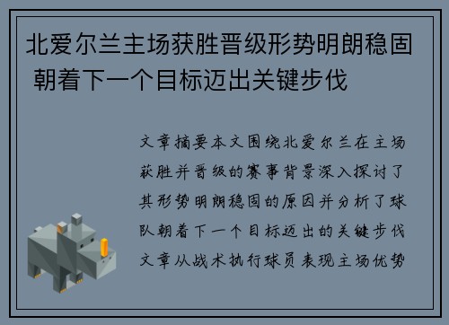 北爱尔兰主场获胜晋级形势明朗稳固 朝着下一个目标迈出关键步伐