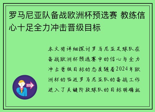 罗马尼亚队备战欧洲杯预选赛 教练信心十足全力冲击晋级目标