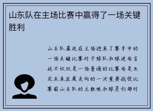 山东队在主场比赛中赢得了一场关键胜利