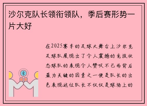 沙尔克队长领衔领队，季后赛形势一片大好