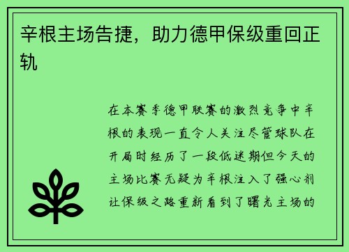 辛根主场告捷，助力德甲保级重回正轨