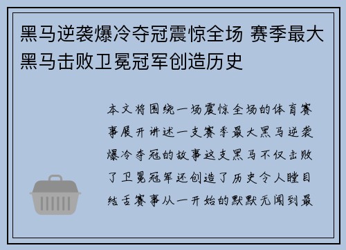 黑马逆袭爆冷夺冠震惊全场 赛季最大黑马击败卫冕冠军创造历史